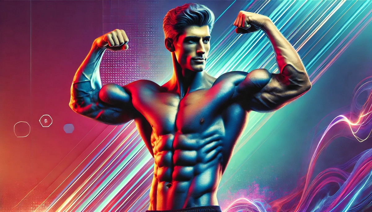 Muscular male athlete flexing with a vibrant, abstract background.