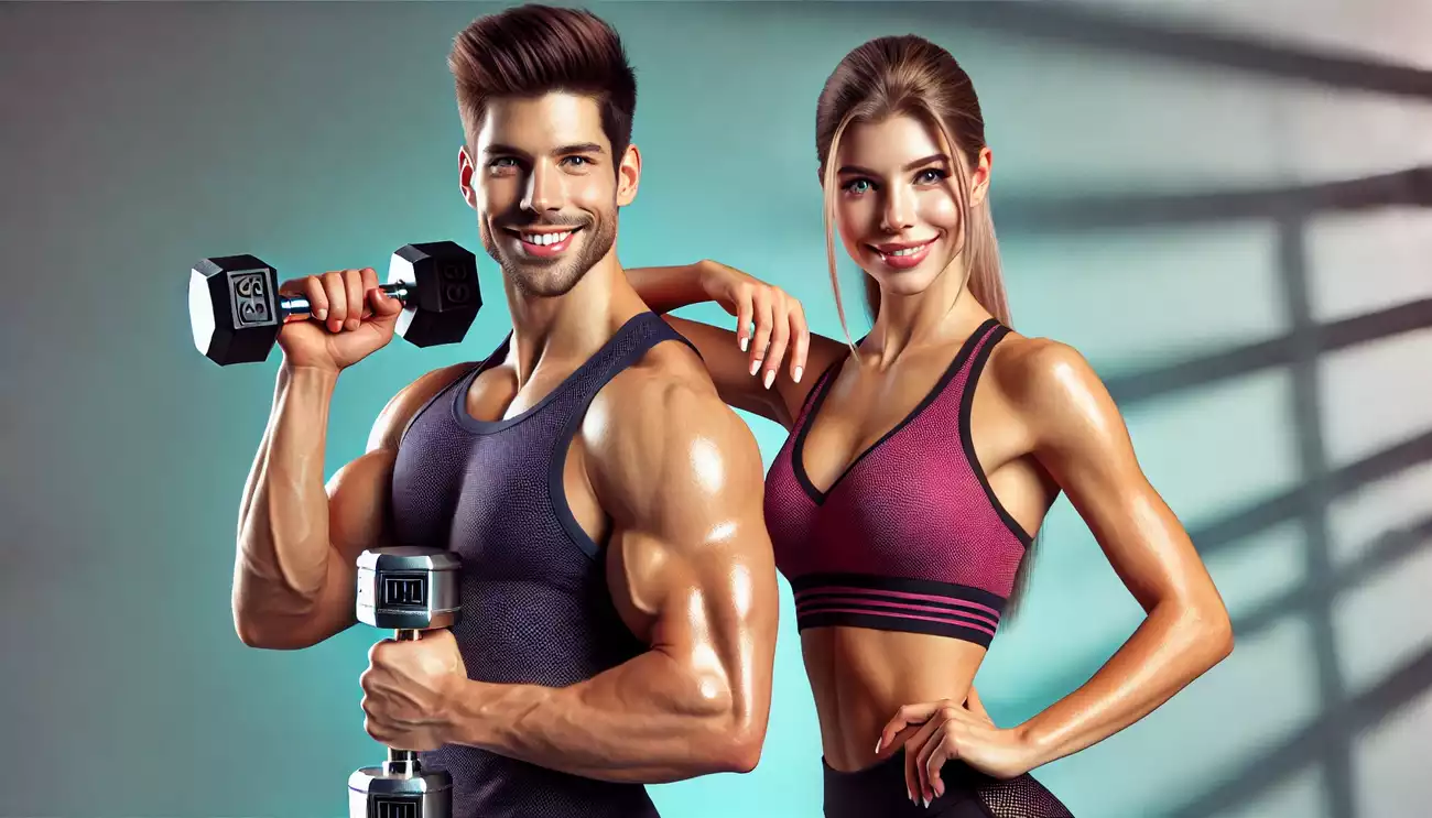 Fit man and woman posing confidently with dumbbells, showcasing the best rep range for muscle growth and fat loss in a vibrant, modern fitness setting.