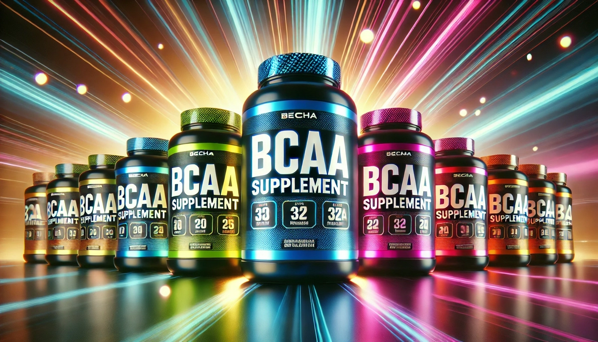 Vibrant BCAA supplement bottles display with bold colors and neon accents.